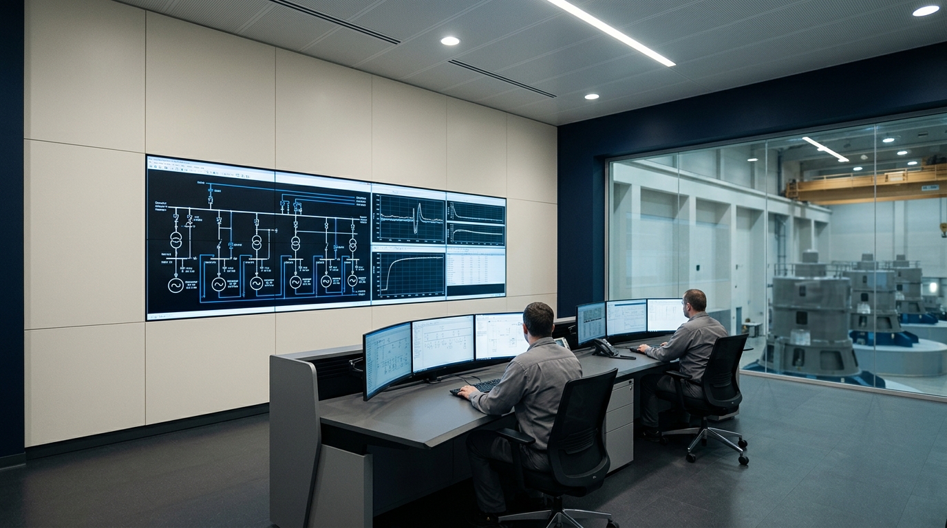 Sala de comando de uma central hidrelétrica, com telas de monitoramento operacional e engenheiros acompanhando dados de geração.